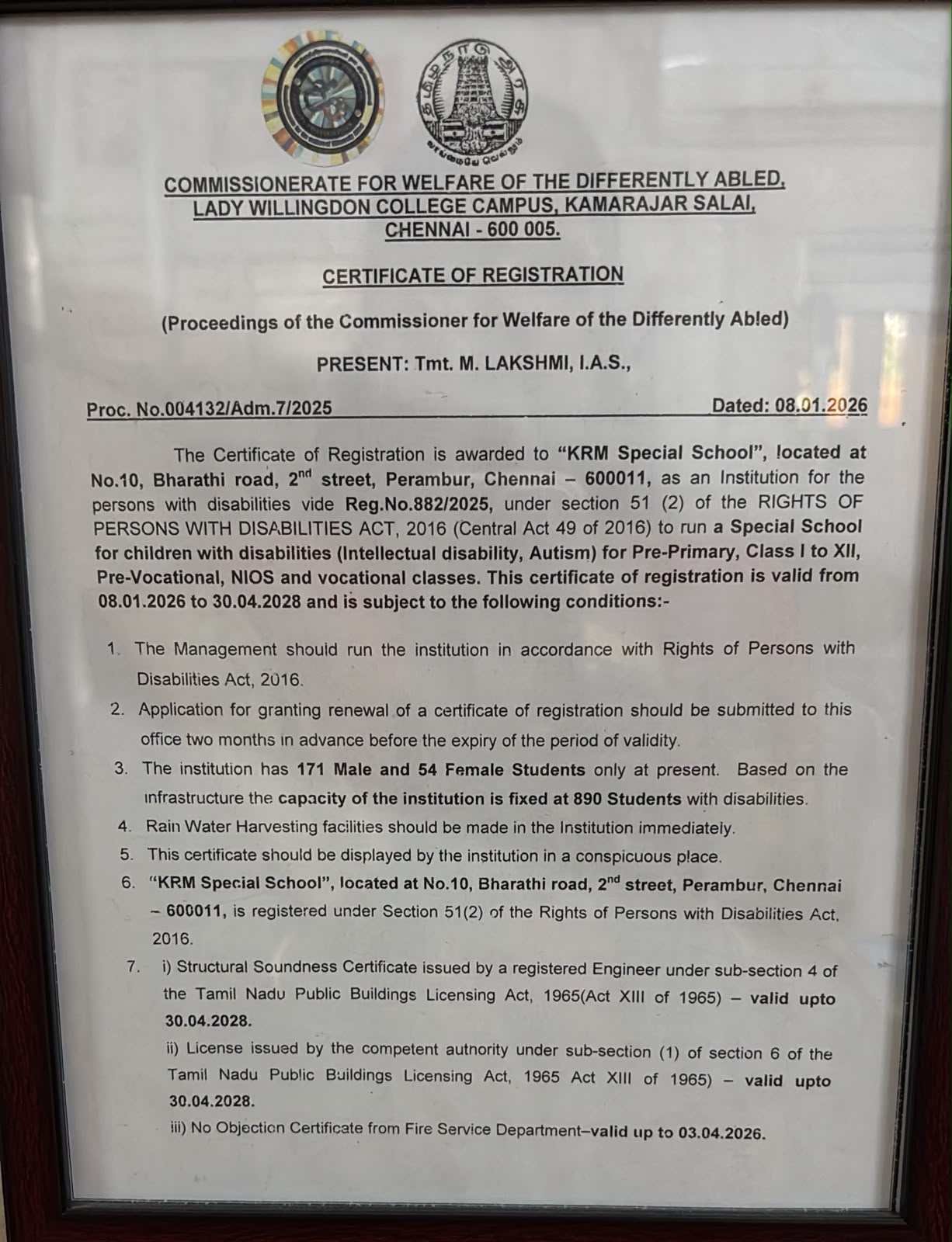 KRM Special School Certificate of Registration, page 1