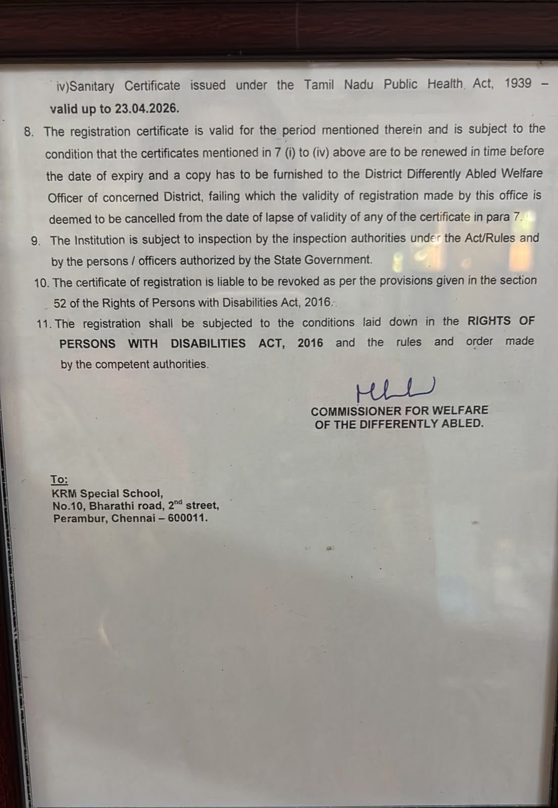 KRM Special School Certificate of Registration, page 2